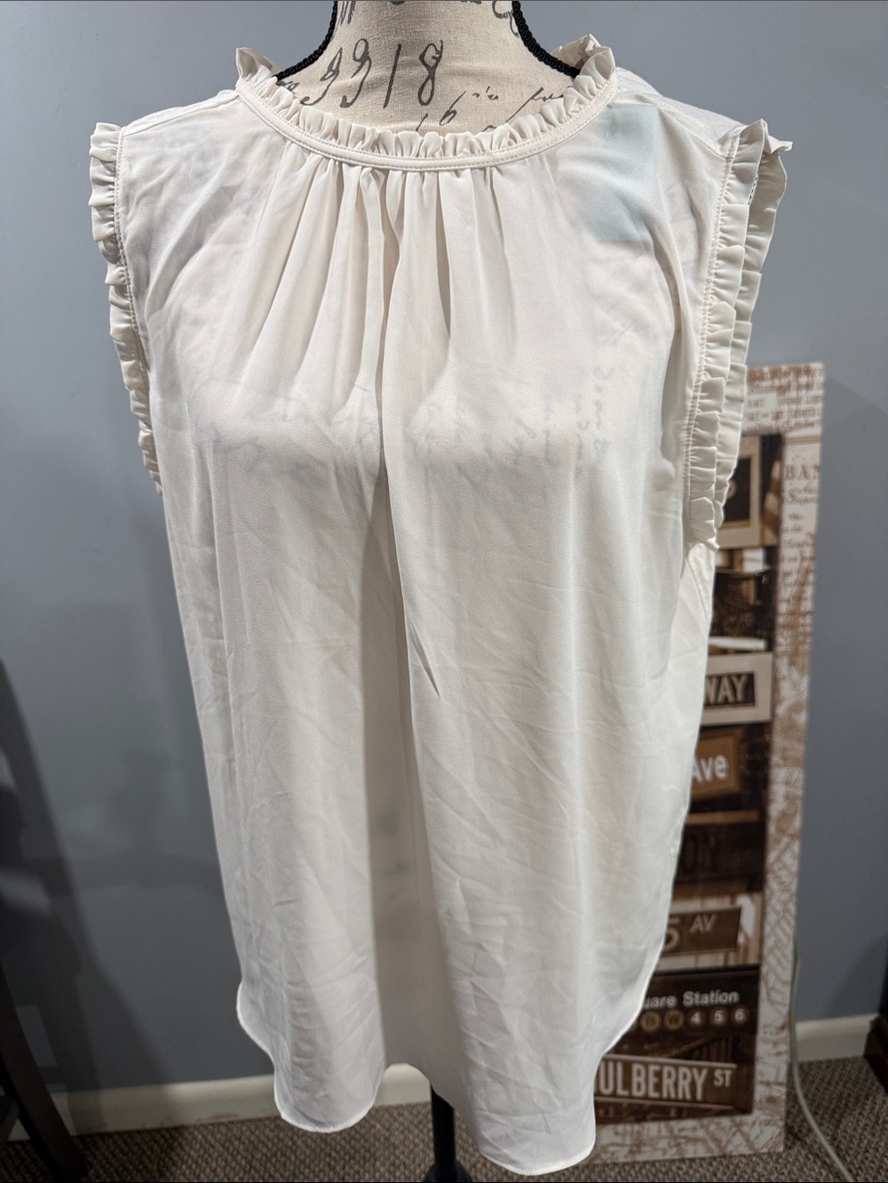 LOFT Cream Ruffle-Trim Sleeveless Blouse
